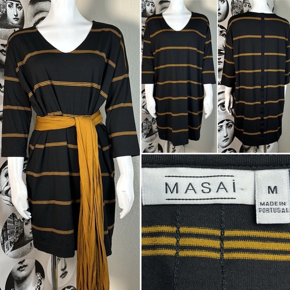 Masai Nebine Relaxed Fit Black Dress w/ Yellow Stripes & Scarf/Belt, Sz M - Picture 1 of 12